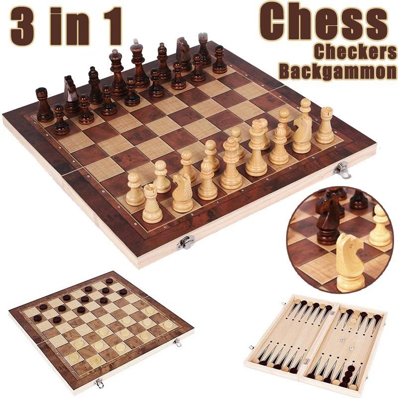 Magnetic Travel Chess - 3-in-1 schaakbord, opvouwbaar houten draagbaar schaakspelbord,