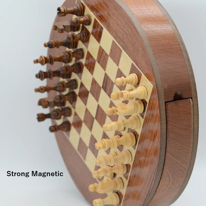 Magnetic Travel Chess - Ronde magnetische schaakset van massief hout